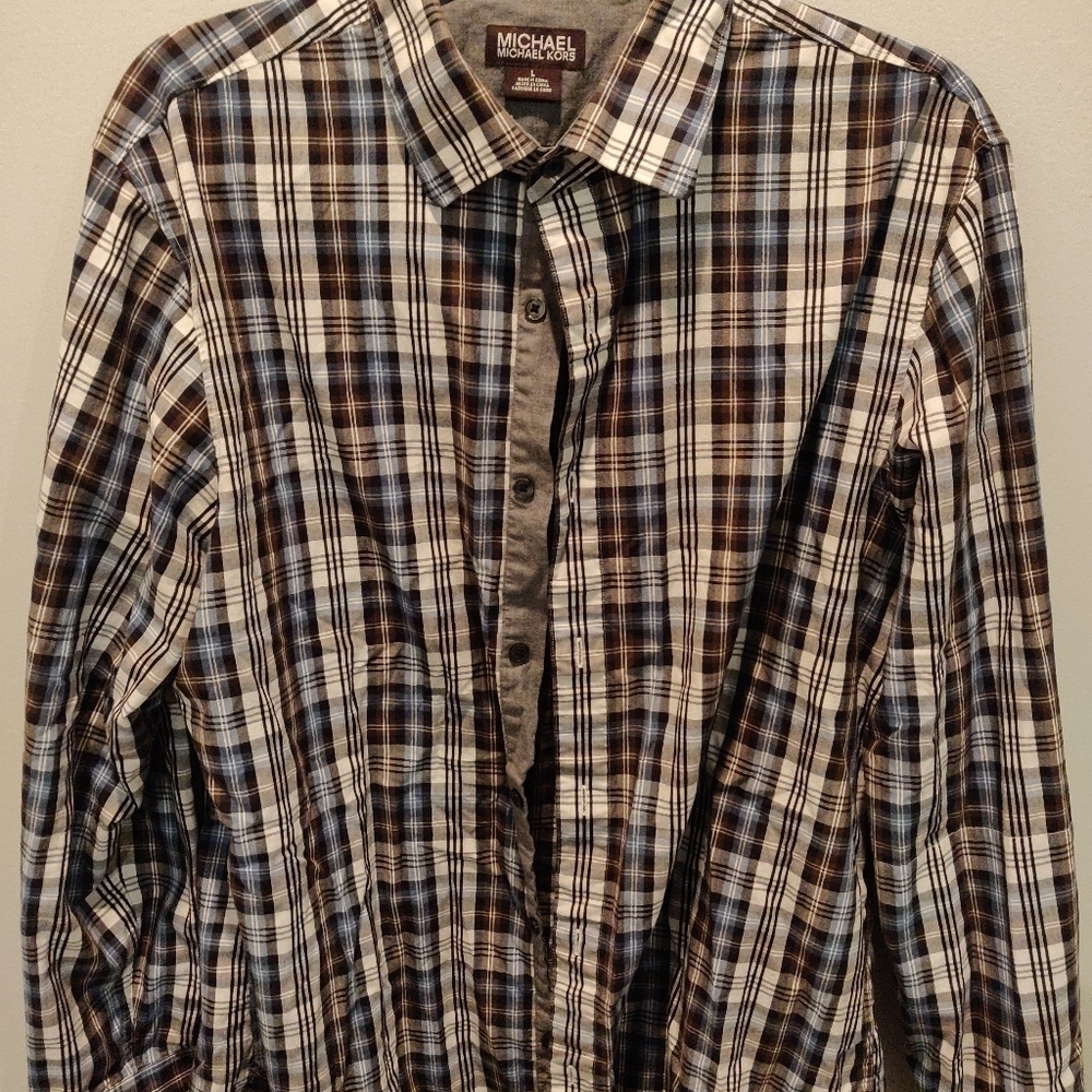 Michael Kors Plaid Button Down, large and black, blue and grey color sch…